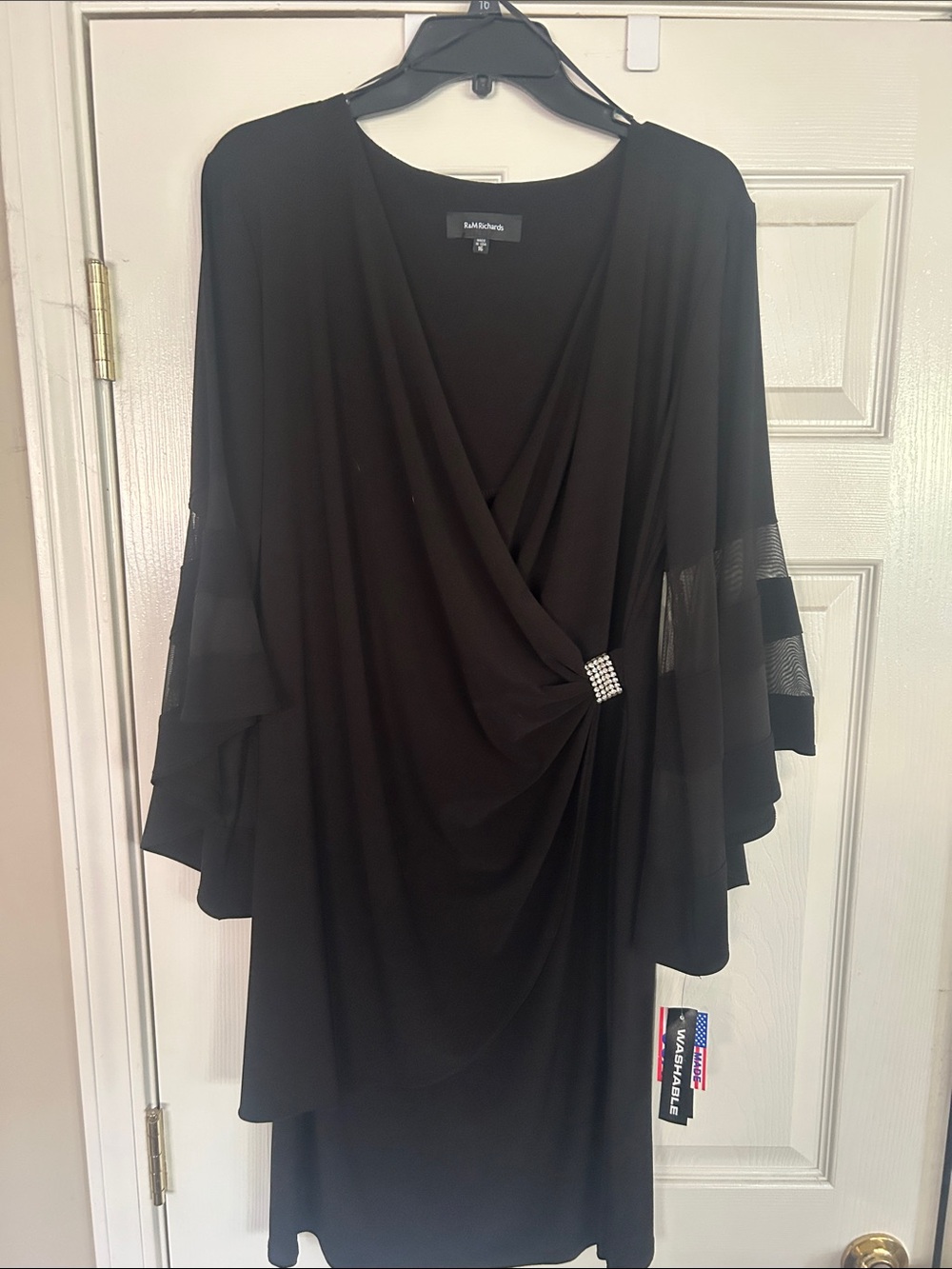 R&M Richards Black Draped Rhinestone-Embellished Long Sleeve Evening Dress
